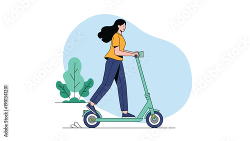 Young rider glides on a mint green electric scooter along a park path beside leafy plants under a soft blue abstract background.