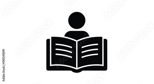 Simple black and white icon depicting a silhouette of a person focused on reading an open book against a white background