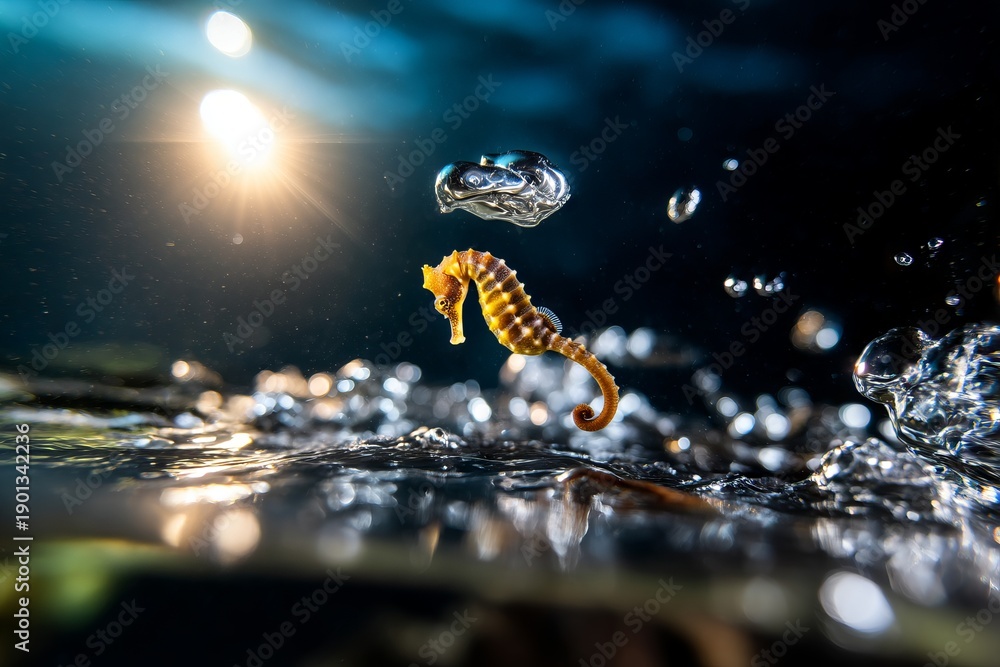 Fototapeta premium Seahorse Floating Motionless Among Suspended Water Particles in Bright Light