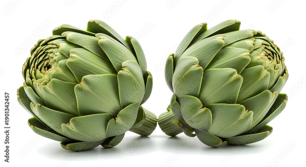Obraz premium Two fresh green artichokes on a white background for healthy eating