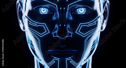 A blue robotic face with glowing eyes on a black background