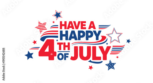 Happy 4th of July patriotic text illustration with stars and stripes, for banner or poster or social media