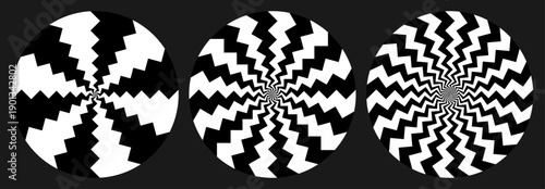 Zig zag lines abstract vortex, black and white vector set.