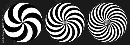 Abstract whispool spiral vortex black and white vector set.