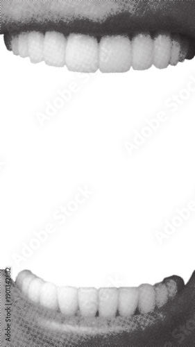 Close up showing a perfect set of white human teeth against white background