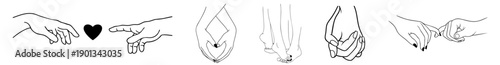 Romantic Hand Gestures Line Art Showing Intimate Touch; Gentle Hand Hold; Pinky Promise; Heart Shape Hands and Emotional Connection Between Couples for Valentine’s Day
