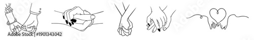 Romantic Hand Gestures Line Art for Valentine’s Day, Couple Hand Holding, Intertwined Fingers, Pinky Promise, Heart Shape Hands,F, Protective and Leading Hand Touch Symbols of Love, Trust