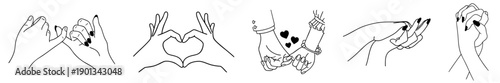 Romantic hand gestures line art set for Valentine’s Day, dominant hand hold, pinky promise, heart shape hands, gentle touch and reaching hands, love, trust