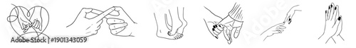 Romantic Hand Gestures Line Art Set Showing Hand Hold Pinky Promise Heart Shape Hands Reaching Touch Support Intense Emotional Connection and Intimacy