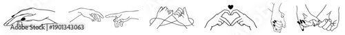 Romantic hand gestures line art set — dominant hand hold, pinky promise, heart shape hands, intertwined fingers, reaching and open palms expressing love, trust and emotional connection