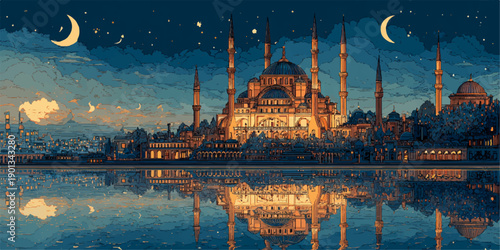 Elegant Ramadan Kareeem greeting card featuring golden Arabic calligraphy on a luxurious blue background with intricate patterns.