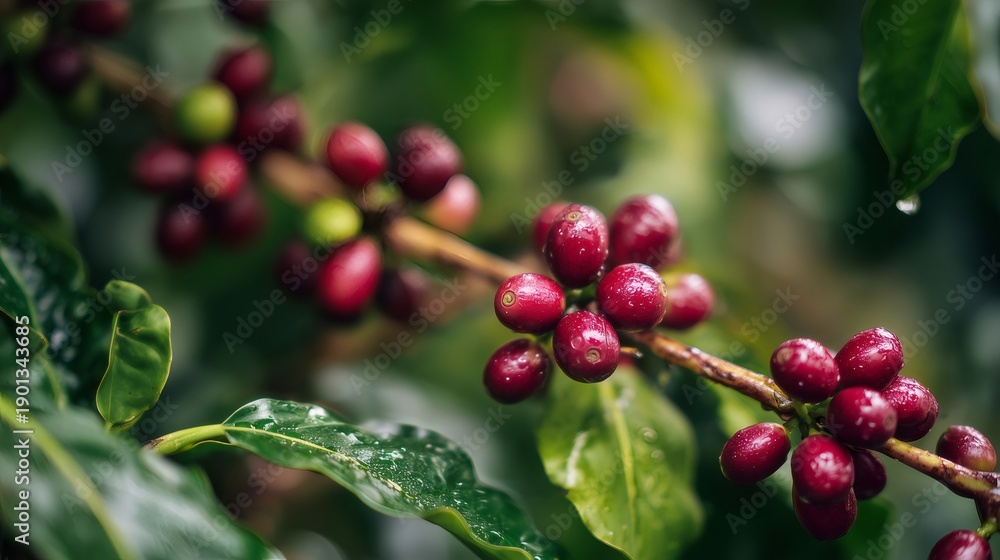Fototapeta premium Coffee cherries growing on plantation branch with water drops