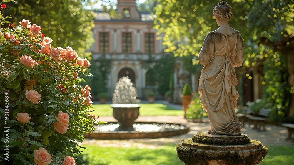Obraz premium Historical sculptures and a fountain in the park. Illustration on the subject of travel and architecture, history and tourism.