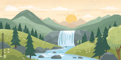 Peaceful mountain landscape with snowy peaks, forested valleys, and soft clouds at sunset