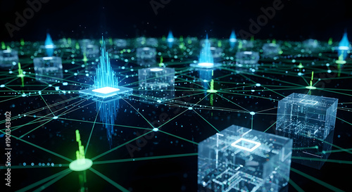 A futuristic cityscape with glowing blue and green lights
