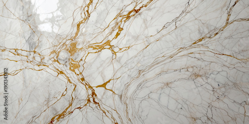 White Marble Surface Texture with Cracks and Gold Lines Closeup