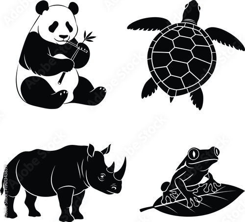 Set of black flat icons for endangered species conservation featuring a giant panda eating bamboo, sea turtle, rhinoceros and a tropical tree frog.