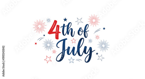4th of July celebration text with fireworks and stars, patriotic typography, vector illustration for banner or poster