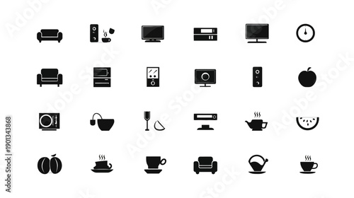 Diverse Black Silhouette Icons Collection: Home Furniture, Electronic Devices, Food, and Drink Items on White Background.