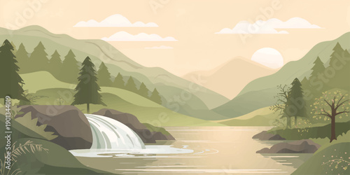 Peaceful mountain river flowing through a scenic morning landscape with mountains, lake, forest, clouds, and blue sky