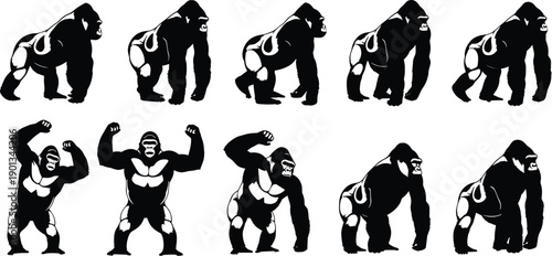 Black gorilla silhouettes set, powerful primate poses, animal mascot illustrations, wild ape strength concept, isolated vector icons, collection, design, graphic