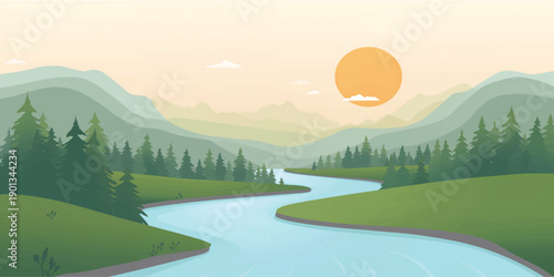Sunny mountain landscape with green hills, a calm lake, blue sky, and trees at sunrise