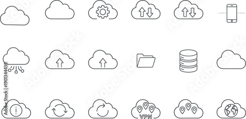 Cloud Computing Icons, Data Storage, Cloud Sync, Mobile Access, VPN Services, Global Cloud, Cloud Security, Upload Download, Connectivity