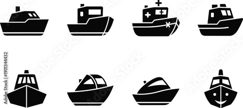 Black boat icons set, marine vessel silhouettes collection, ship, yacht, fishing, rescue, cargo boats, nautical transport symbols, isolated, vector, illustration