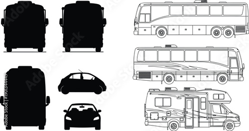 Vehicle silhouettes set, bus, coach, motorhome, car, front, side, rear views, black icons, transportation collection, vector illustration, isolated, design, template