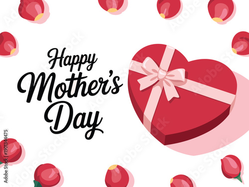 A heartwarming Mother's Day graphic with a red gift box and roses on a white background