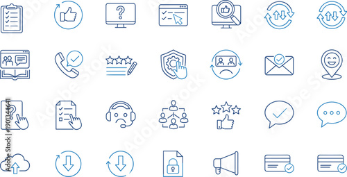Customer Support Icons, Feedback Symbols, Communication Tools, Data Management, Service Interface, Security Features, Cloud Sync, User Experience Design