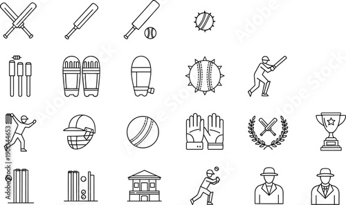 Cricket sport line icons set featuring bats balls players equipment stadium trophy symbols outline vector illustration