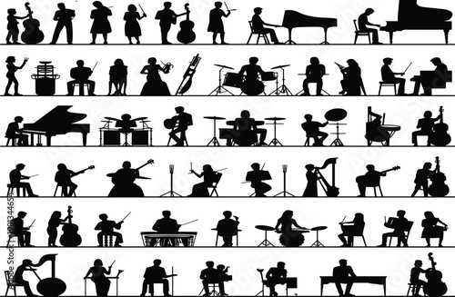Silhouettes of musicians playing various instruments including piano drums guitar and saxophone in a series of horizontal rows
