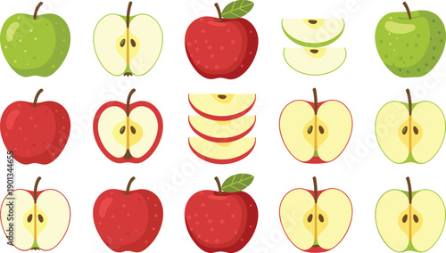Apple vector illustration set with whole, half and sliced fruits. Red and green apples in flat cartoon style. Fresh healthy food graphics for packaging, education and design use.