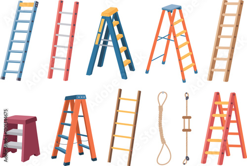 Rope ladder vector illustration set, cartoon-style collection of different wooden rope ladders and climbing tools isolated on white background for adventure themes, games, education, and outdoor desig
