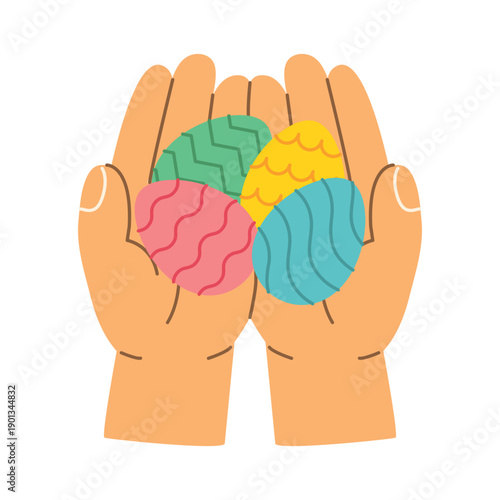 open hands holding colorful Easter eggs as a symbol of spring celebration, joy and renewal, traditional holiday decoration and family festivity concept- vector illustration