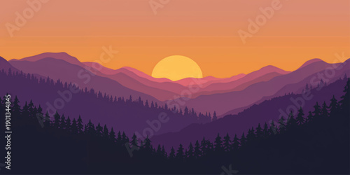 Sunrise and sunset light over misty mountain landscape