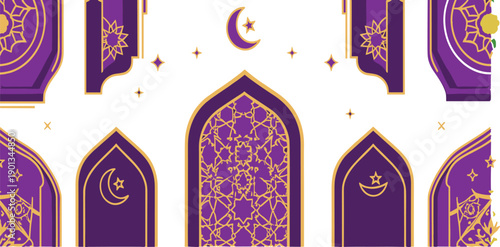 Purple and gold Islamic mosque arch vector set with crescent moon and geometric ornament for elegant Ramadan background design