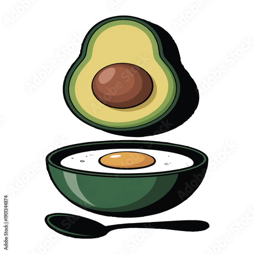 Conceptual graphic design featuring sliced avocado half hovering above a bowl with poached egg and spoon ready for healthy eating