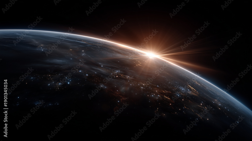 Obraz premium planetary sunrise seen from outer space, glowing sun emerging from behind dark planet horizon, sharp curved planetary limb in upper frame, soft atmospheric rim light, subtle dust p