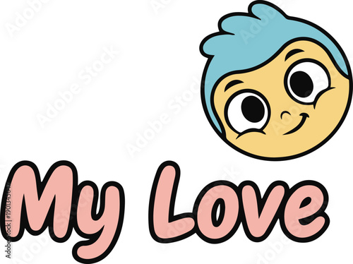 Cute cartoon boy character with blue hair and pink My Love text vector illustration.