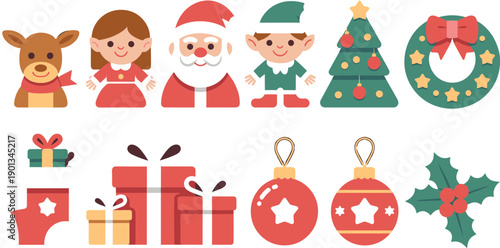 Christmas cartoon vector elements set with Santa Claus, elf, girl and reindeer characters. Festive holiday icons include tree, wreath, gifts, ornaments, holly and stocking. Cute flat illustration.
