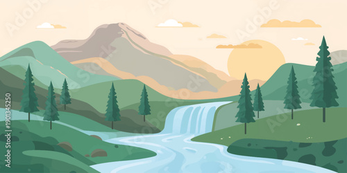 Snowy mountain landscape with misty peaks and forests under a cold winter sky