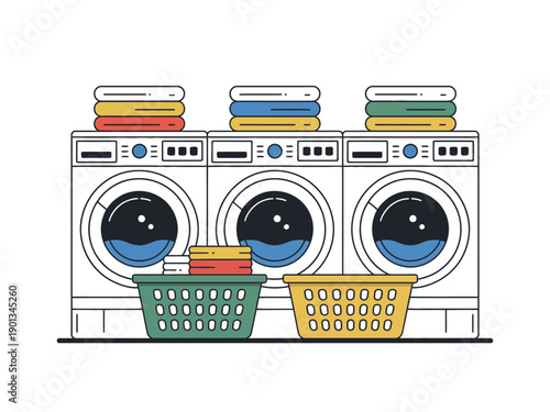 A cartoon illustration of three washing machines with colorful laundry baskets and folded clothes