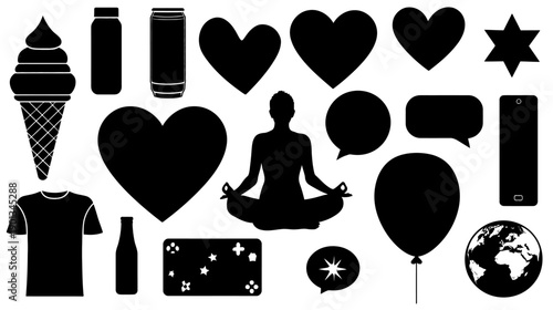 Diverse Collection of Black Silhouette Icons and Symbols: Yoga, Hearts, Food, Tech, Globe, and Everyday Objects