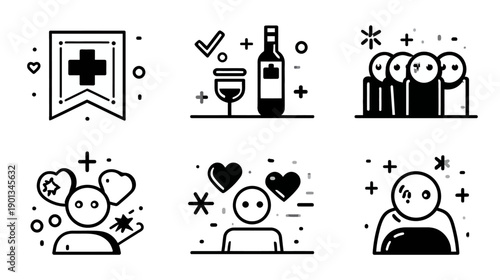 Set of diverse vector line icons illustrating health, celebration, social connection, love, and emotions for lifestyle and well-being designs.