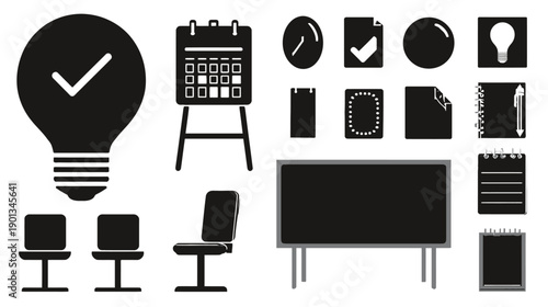 Vector silhouette icons for business planning, office productivity, ideas, schedule, tasks, and meetings. Black flat design.