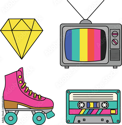 Retro Pop Icons Set, Roller Skate, Vintage TV, Cassette and Diamond Vector Illustration