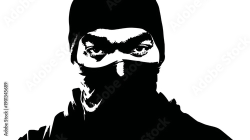 Intense eyes of a man wearing a balaclava in a high contrast black and white graphic style, anonymous and mysterious.