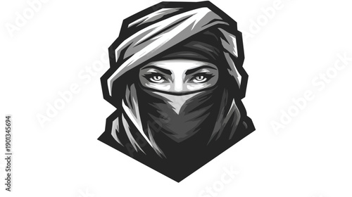 Mysterious Veiled Woman Illustration with Intense Eyes. Strong Female Character in Headscarf. Monochrome Graphic Art.